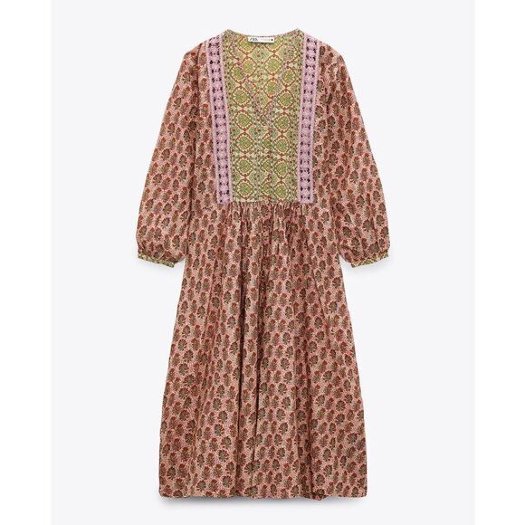 ZARA Cotton Printed Dress Crochet Detail New - Picture 7 of 7